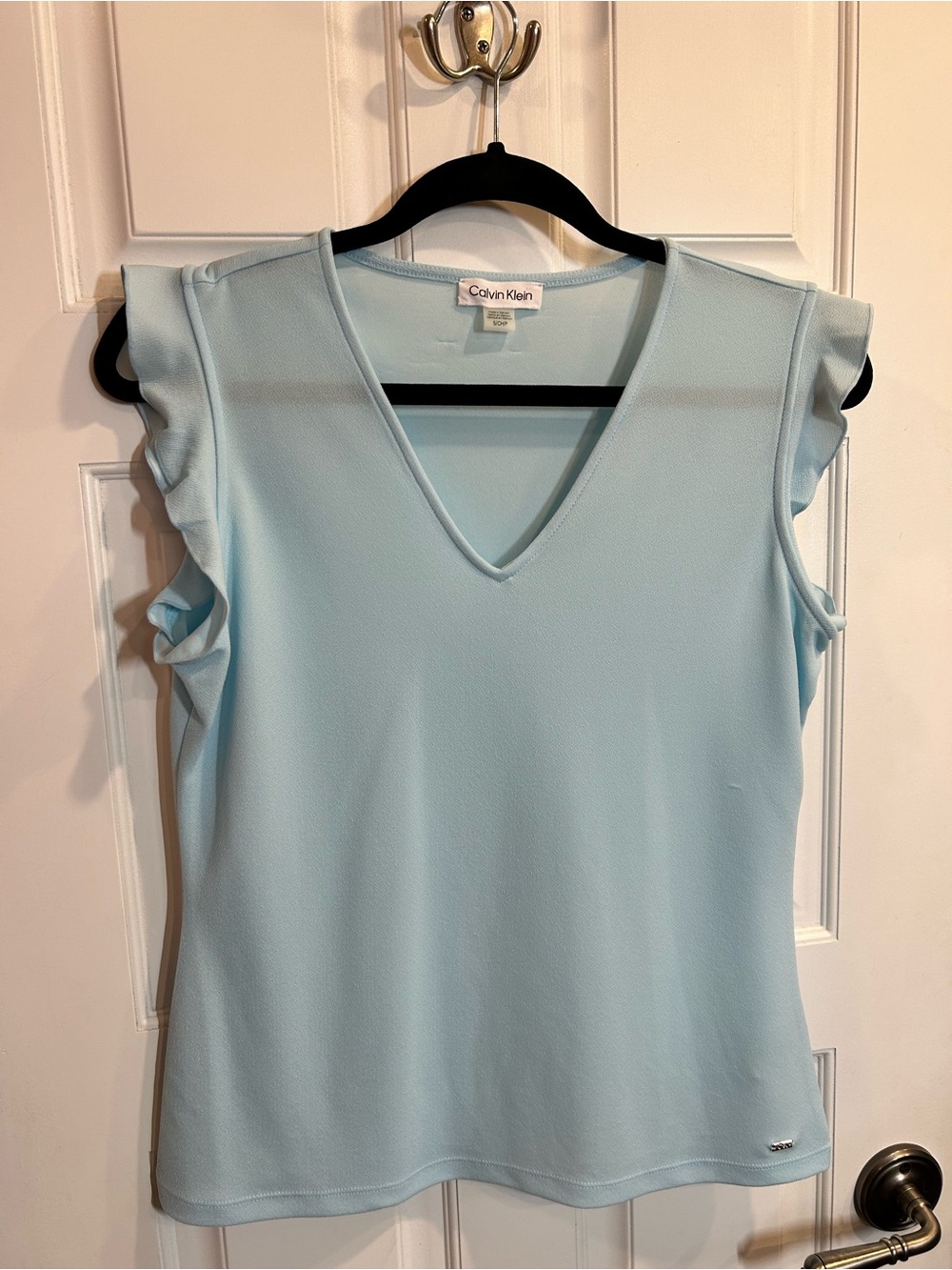 Calvin Klein Pale Blue V-Neck Ruffle Sleeve Tank